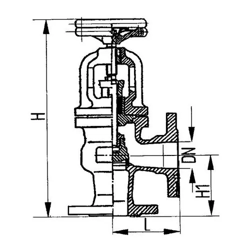Фланцевый угловой сальниковый судовой запорный клапан с ручным управлением 521-ЗМ862 